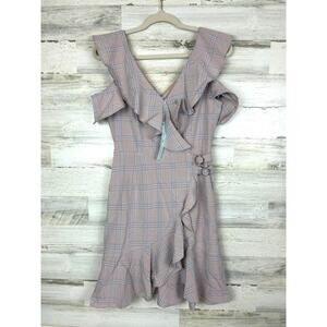 She & Sky Women’s S Pink Plaid Ruffle Boho buckle Zip Mini Dress NWT